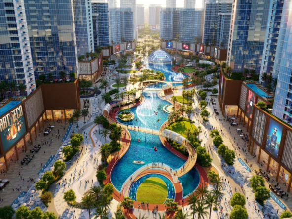 Tiger Downtown Ajman lagoon-front community aerial view — Orchid Towers
